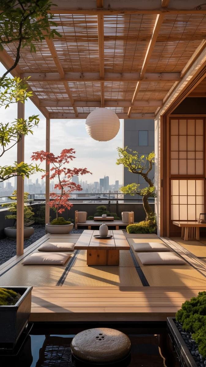 23 verträumte Dachterrasse Designs für modernes Outdoor -Leben 45 Japaner inspiriertes Dach-Teehaus mit Tatami-Matten 1