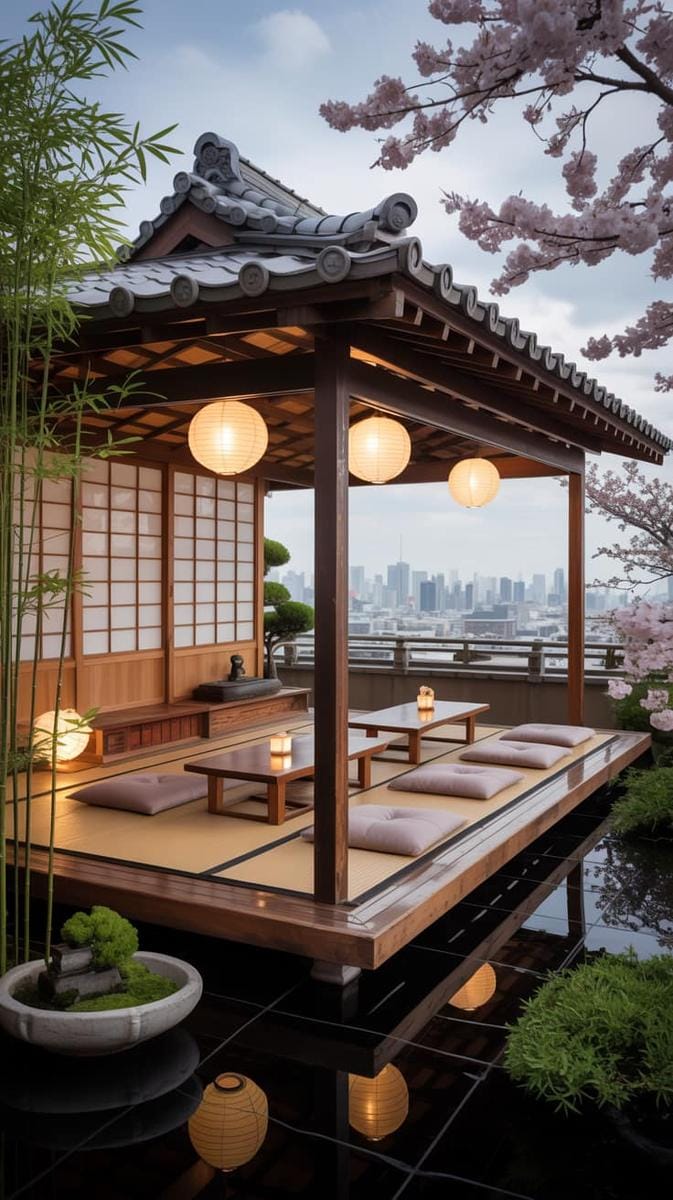 23 verträumte Dachterrasse Designs für modernes Outdoor -Leben 46 Japaner inspiriertes Dach-Teehaus mit Tatami-Matten 1