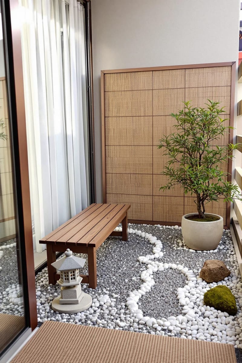 25 gemütliche kleine Balkondesign -Ideen, um Ihren Raum zu erhöhen 41 Japanisch inspirierte Zen-Ecke mit Kies, Kieselstichen und einer Mini-Laterne 1
