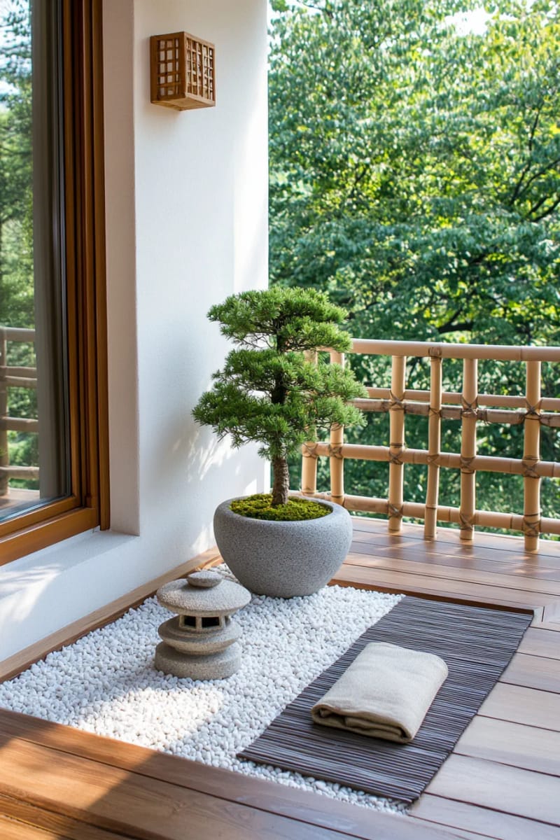 25 gemütliche kleine Balkondesign -Ideen, um Ihren Raum zu erhöhen 42 Japanisch inspirierte Zen-Ecke mit Kies, Kieselstichen und einer Mini-Laterne 1