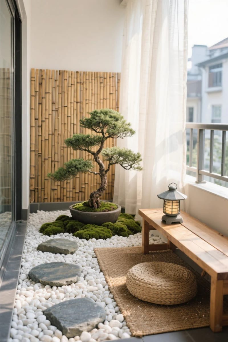 25 gemütliche kleine Balkondesign -Ideen, um Ihren Raum zu erhöhen 43 Japanisch inspirierte Zen-Ecke mit Kies, Kieselstichen und einer Mini-Laterne 1