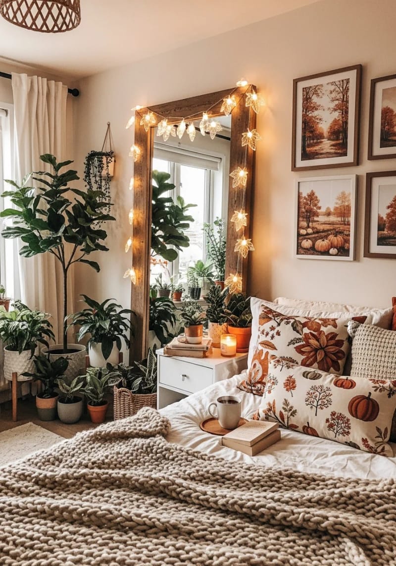 21 Cozy autumn bedroom decoration ideas to try 12 this autumn Leaf -shaped fairy lights that are handled around mirrors 1