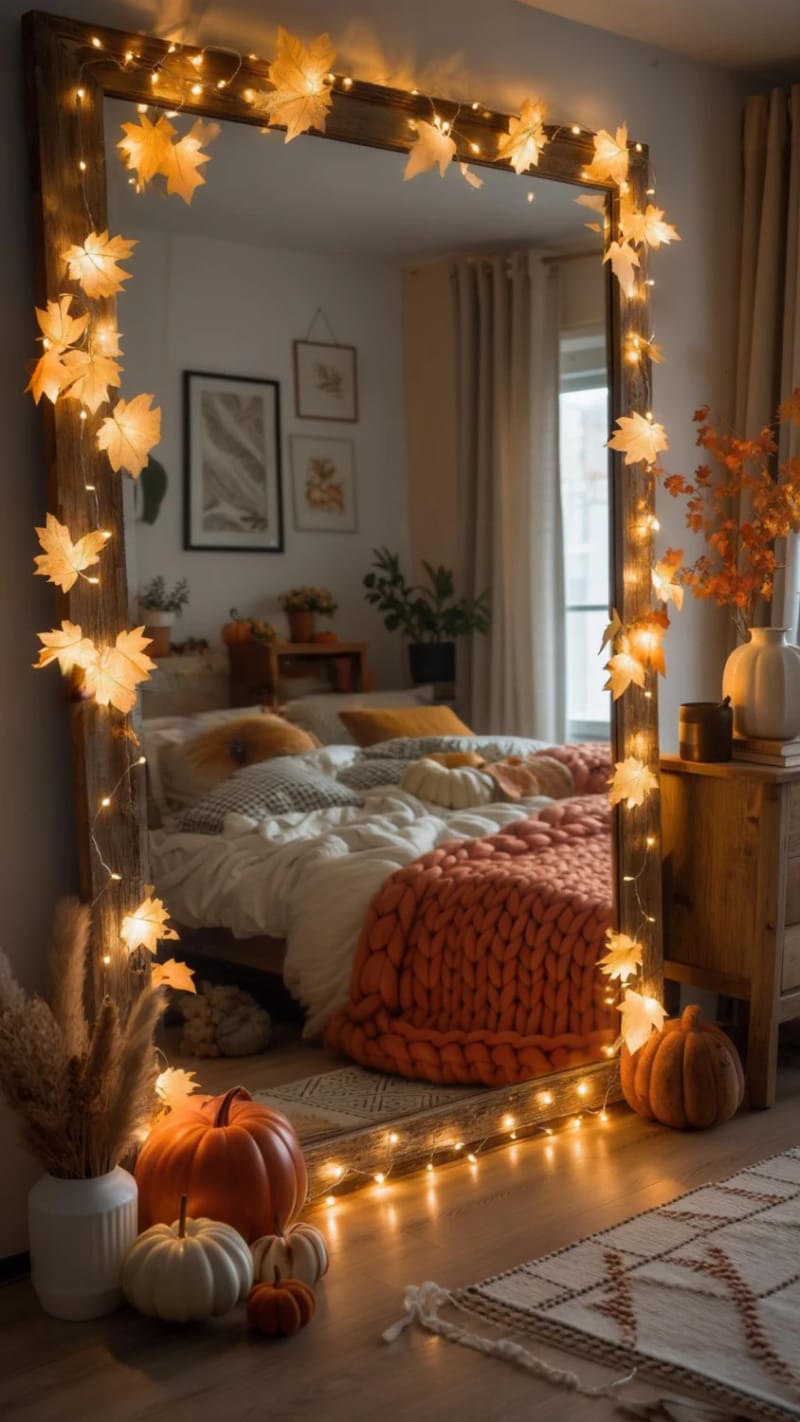 21 Cozy autumn sleeping room decorative ideas to try this autumn, 13 Leaf -shaped fairy lights that are handled around mirrors 1