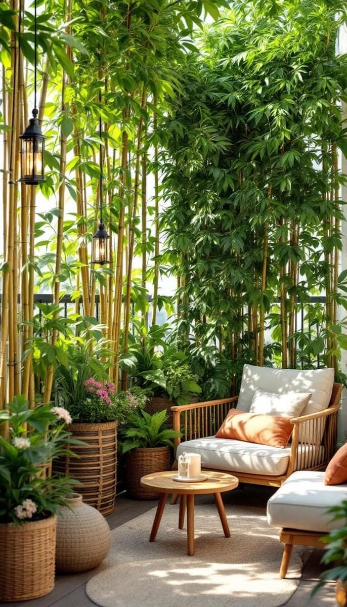 21 stylish apartment balcony this season 42 Luscious privacy screen made of high pot bamboo or leaf creation 1