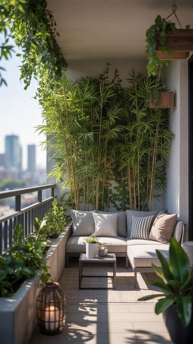 21 stylish apartment balcony this season 43 Luscious privacy screen made of high pot bamboo or leaf creation 1