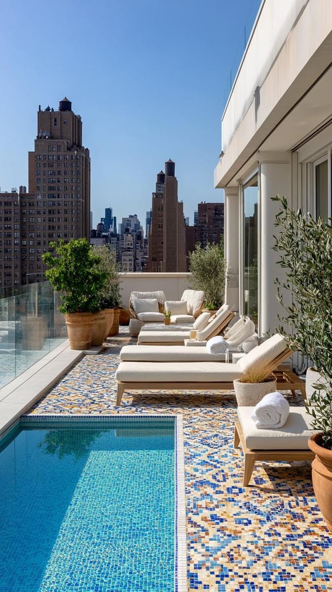 23 verträumte Dachterrasse Designs für modernes Outdoor -Leben 53 Luxus -Spa -Terrasse mit Tauchbecken und Mosaikfliesenboden 1
