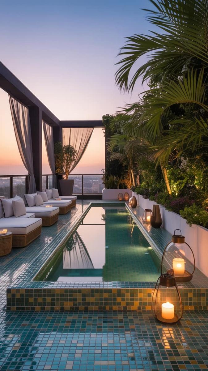 23 verträumte Dachterrasse Designs für modernes Outdoor -Leben 55 Luxus -Spa -Terrasse mit Tauchbecken und Mosaikfliesenboden 1