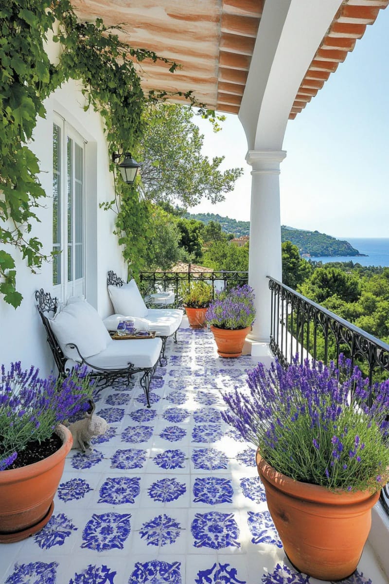 25 Unique Terrace Garden Ideas to Elevate Your Outdoor Space 67 mediterranean blue-and-white terrace with lavender and clay pots 1