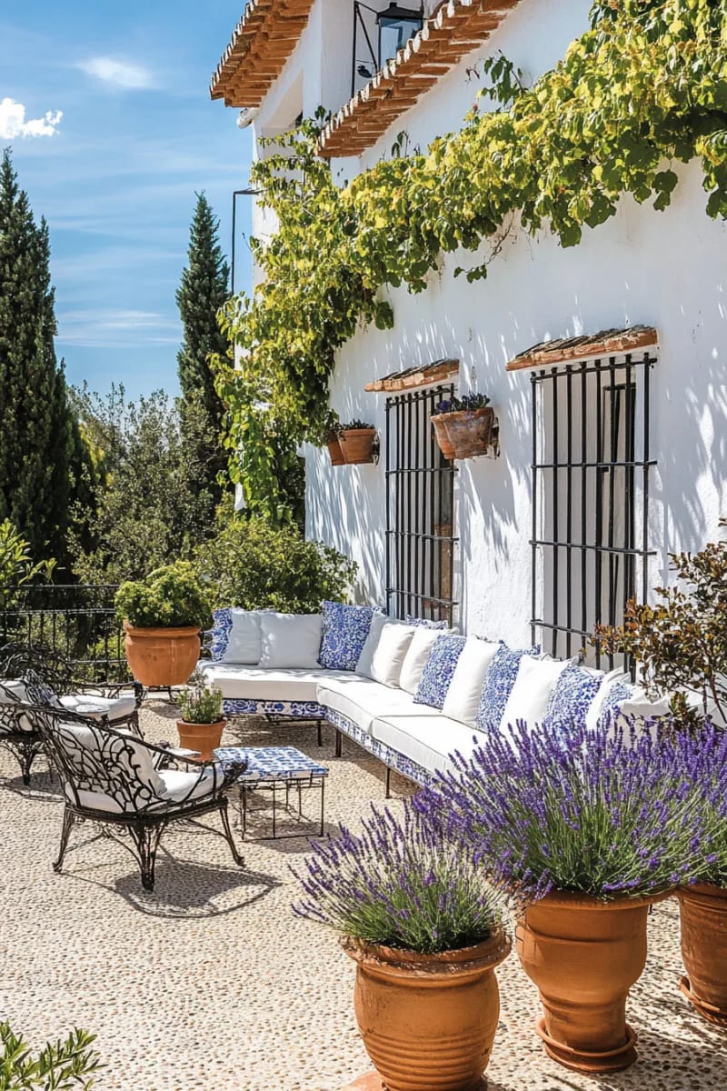25 Unique Terrace Garden Ideas to Elevate Your Outdoor Space 68 mediterranean blue-and-white terrace with lavender and clay pots 1