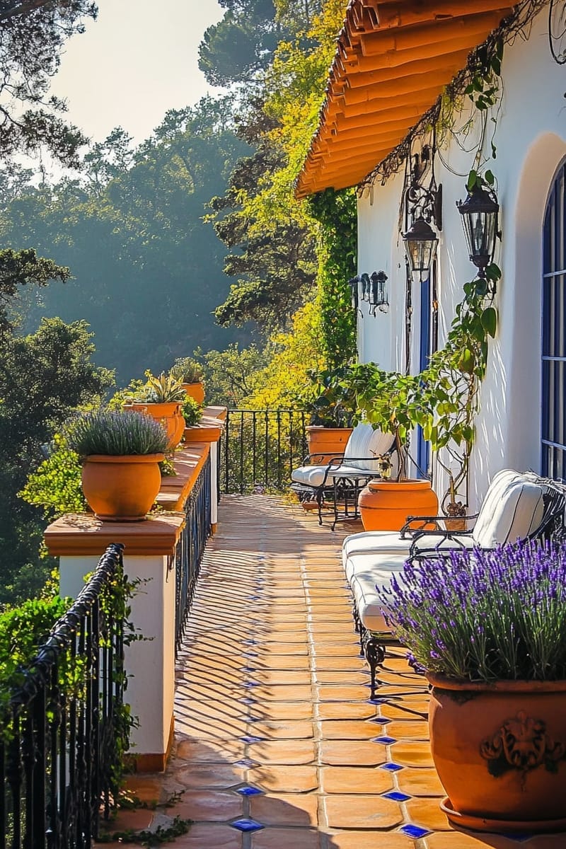 25 Unique Terrace Garden Ideas to Elevate Your Outdoor Space 69 mediterranean blue-and-white terrace with lavender and clay pots 1