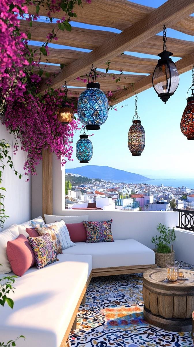 23 verträumte Dachterrasse Designs für modernes Leben im Freien 9 mit dem Mittelmeer inspirierter Pergola mit Bougainvillea und Mosaiklaternen 1