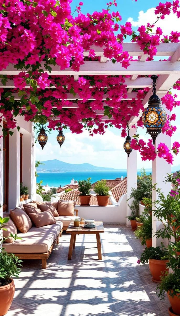 23 verträumte Dachterrasse Designs für modernes Leben im Freien 10 mit dem Mittelmeer inspirierter Pergola mit Bougainvillea und Mosaiklaternen 1