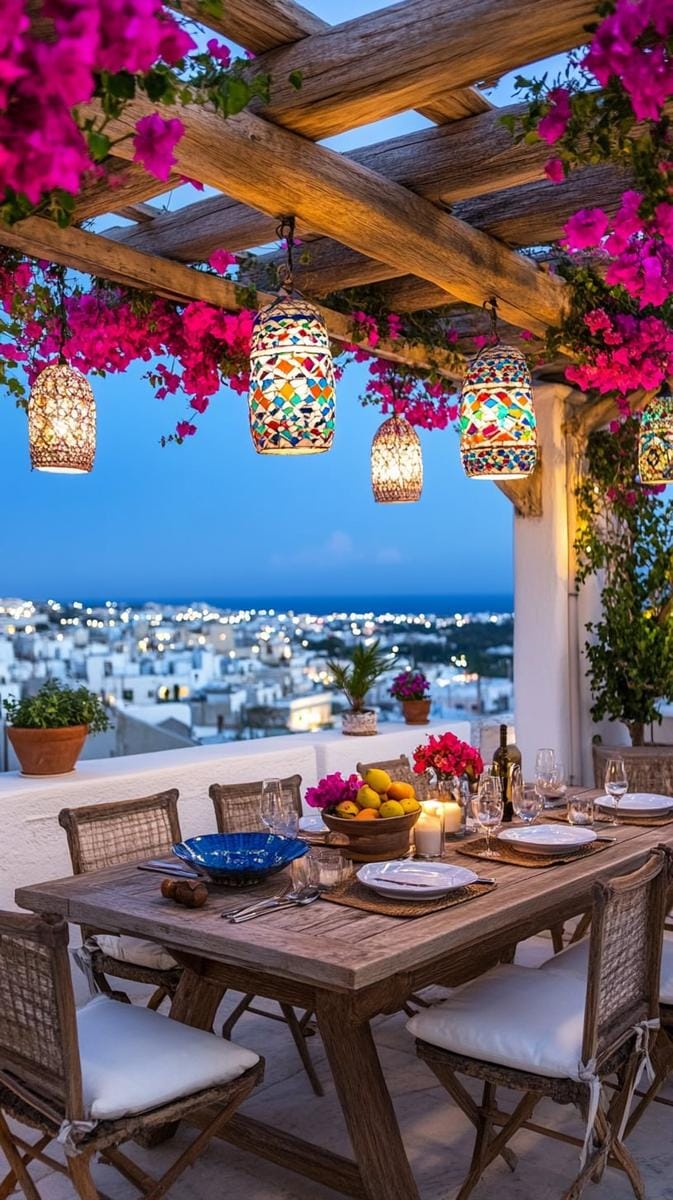 23 verträumte Dachterrasse Designs für modernes Leben im Freien 11 mit dem Mittelmeer inspirierter Pergola mit Bougainvillea und Mosaiklaternen 1