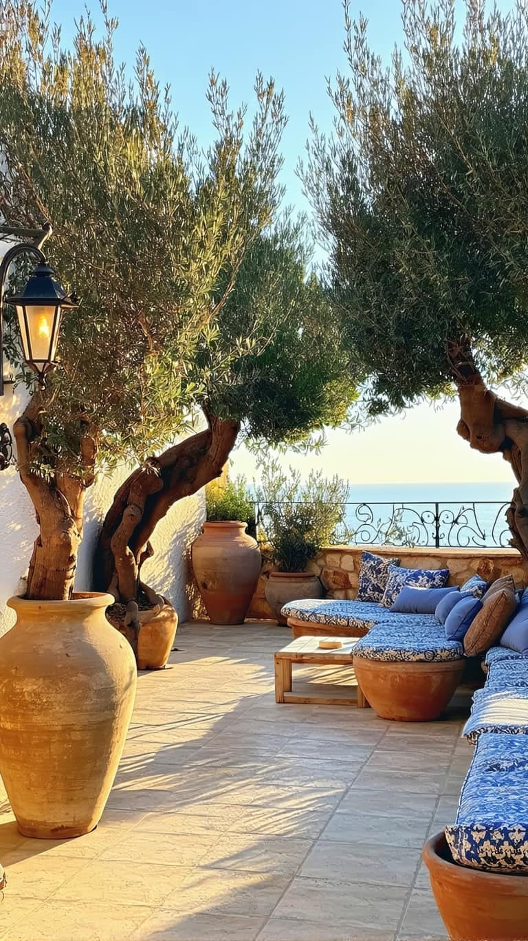 25 Unique Terrace Garden Ideas to Elevate Your Outdoor Space 26 mediterranean oasis with olive trees in large ceramic planters 1
