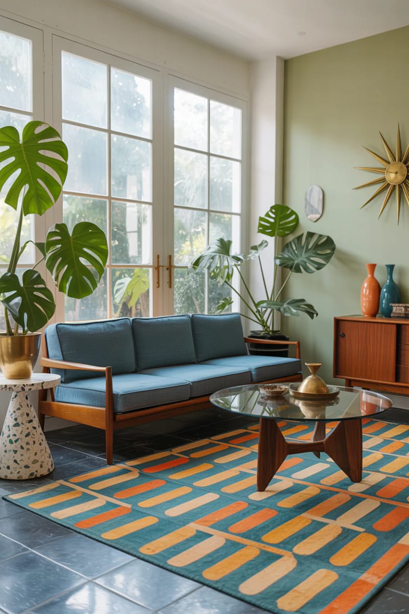 15 beautiful winter garden decoration ideas to refresh your home 35 Modern lounge in the middle of the century with a retro carpet and sculptural plant is 1