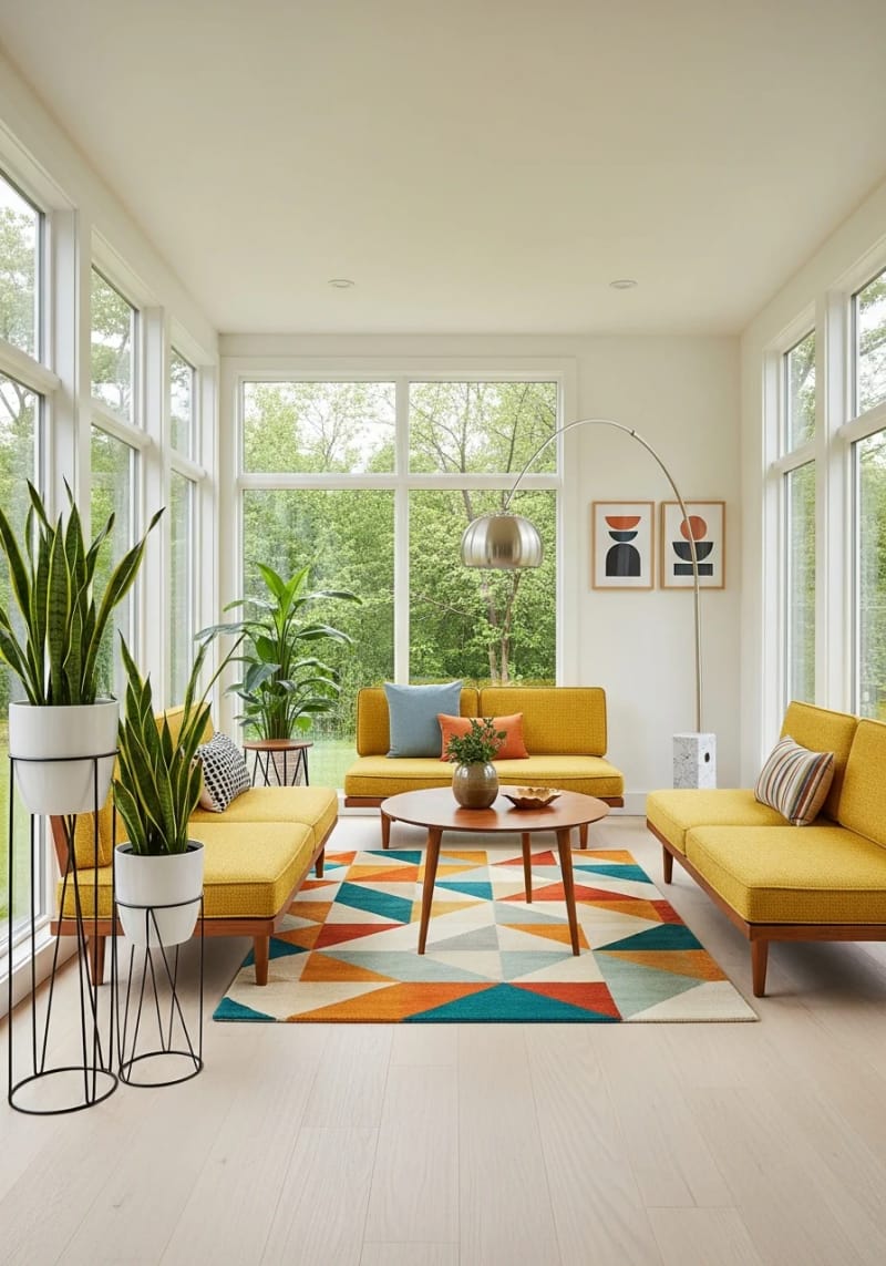 15 beautiful winter garden decoration ideas to refresh your home 37 Modern lounge in the middle of the century with a retro carpet and sculptural plant is 1