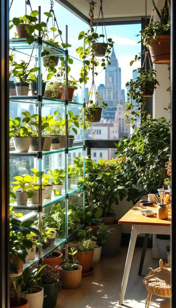 21 stylish apartment balcony this season 36 Mini greenhouse with clear shelves for pot seed and exotic plants 1