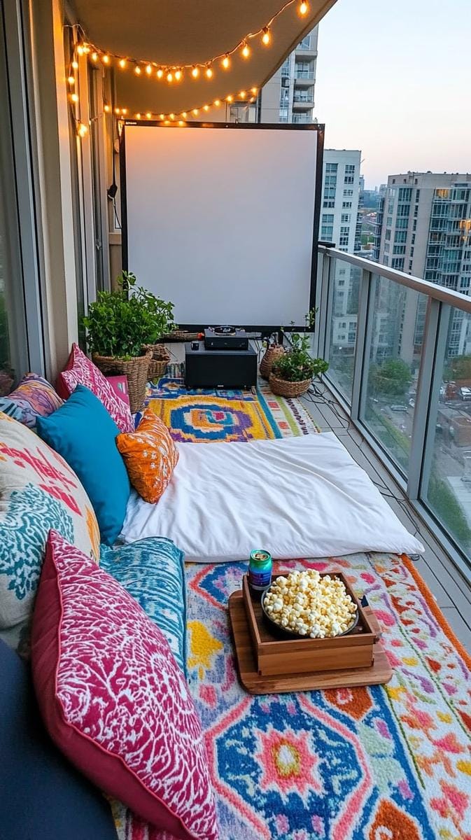 21 stylish apartment balcony in this season 5 Mini outdoor cinema with string lights, cozy floor pillows and a projector 1