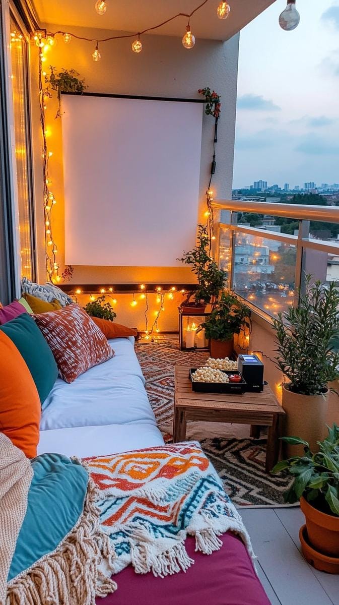 21 stylish apartment balcony in this season 6 Mini outdoor cinema with string lights, cozy floor pillows and a projector 1