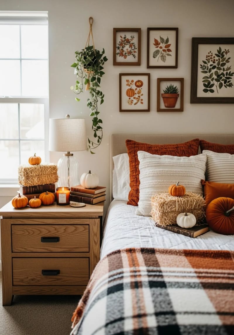 21 Cozy autumn bedroom decoration ideas for trying on 9.9 Miniatur -Heu bales arranged as a bedside table accent 1