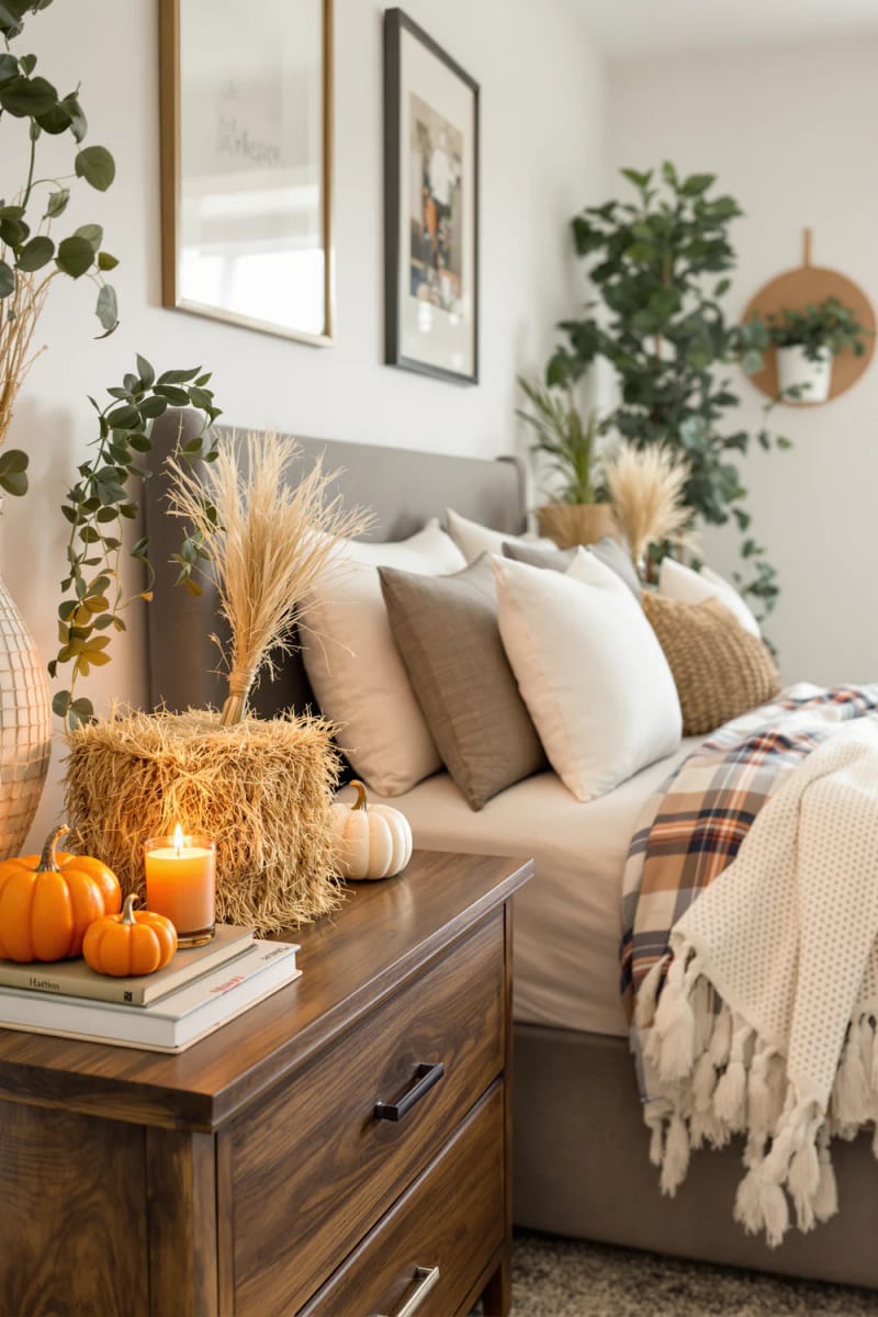 21 Cozy autumn bedroom decoration ideas to try 10 this autumn Miniatur -Heu bales arranged as a bedside table accent 1