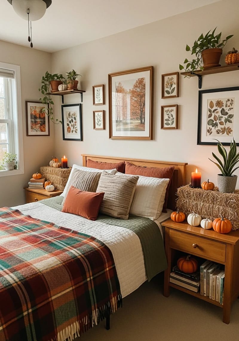 21 Cozy autumn bedroom decoration ideas for trying on 11.11 Miniatur -Heu bales arranged as a bedside table accent 1