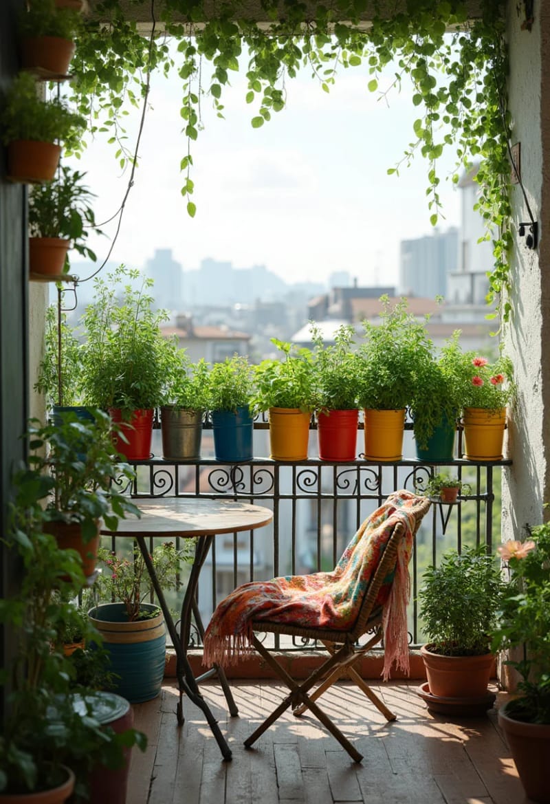 25 gemütliche kleine Balkondesign -Ideen, um Ihren Raum zu erhöhen 14 Miniatur -Kräutergarten in farbenfrohen Blechdosen entlang des Balkons 1