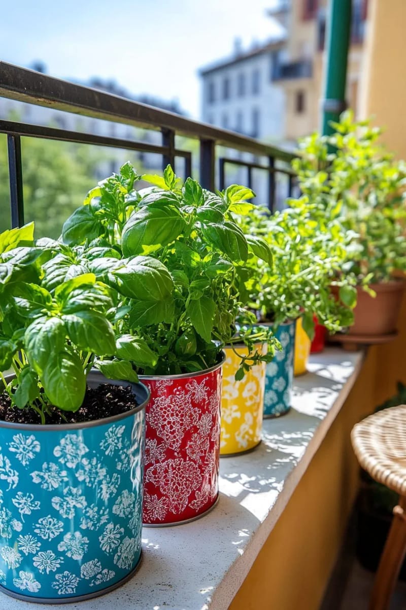 25 gemütliche kleine Balkondesign -Ideen, um Ihren Raum zu erhöhen 15 Miniatur -Kräutergarten in farbenfrohen Blechdosen entlang des Balkons 1