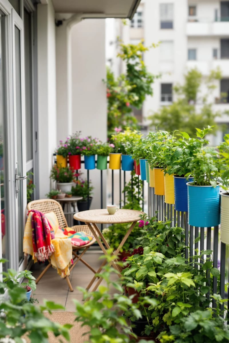 25 gemütliche kleine Balkondesign -Ideen, um Ihren Raum zu erhöhen 16 Miniatur -Kräutergarten in farbenfrohen Blechdosen entlang des Balkons 1