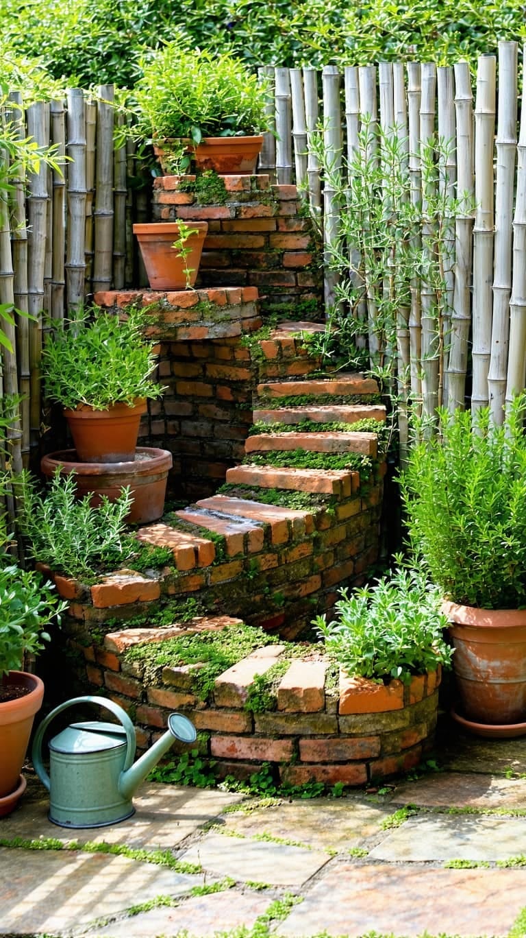 25 Unique Terrace Garden Ideas to Elevate Your Outdoor Space 12 miniature herb spiral in a corner using reclaimed bricks and terracotta pots 1