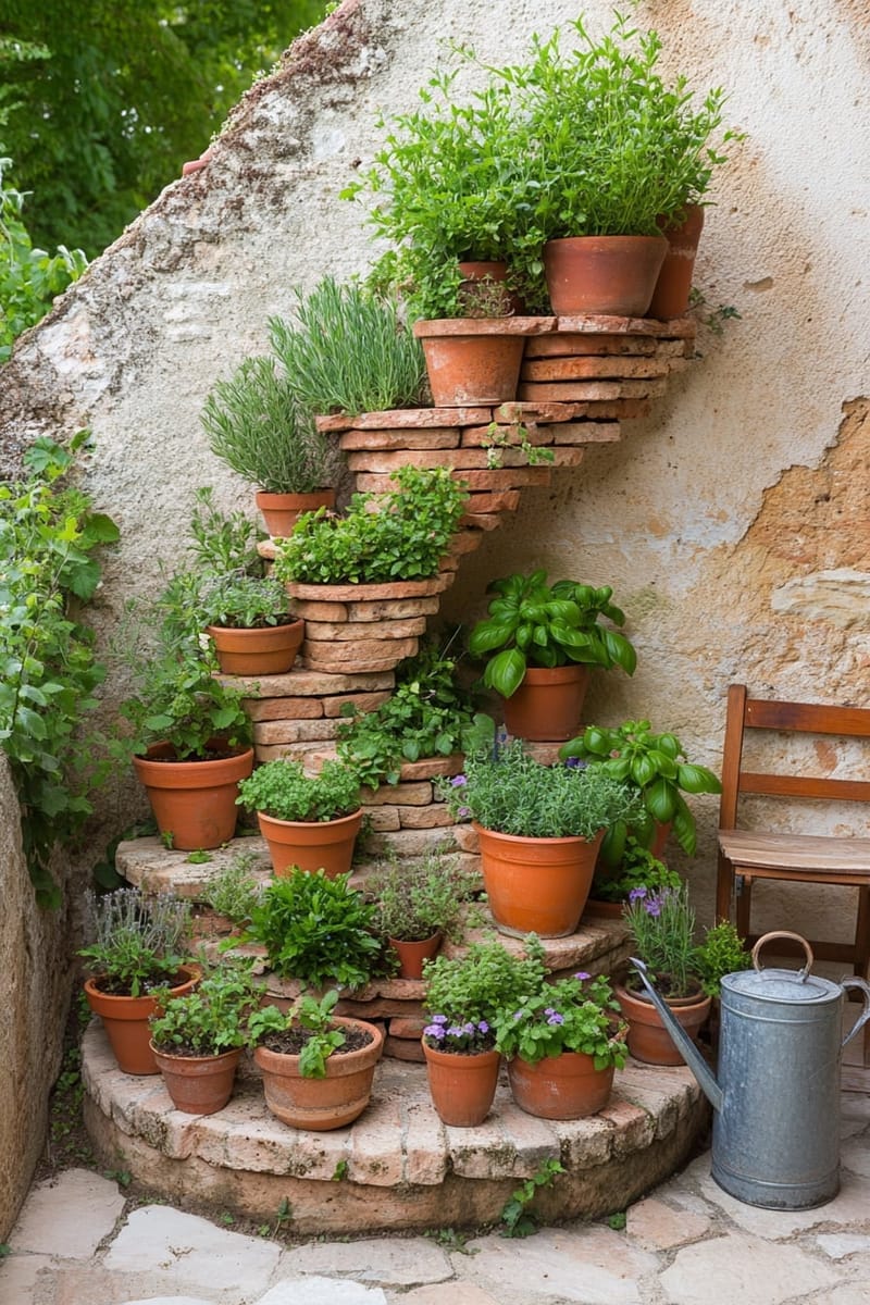 25 Unique Terrace Garden Ideas to Elevate Your Outdoor Space 9 miniature herb spiral in a corner using reclaimed bricks and terracotta pots 1