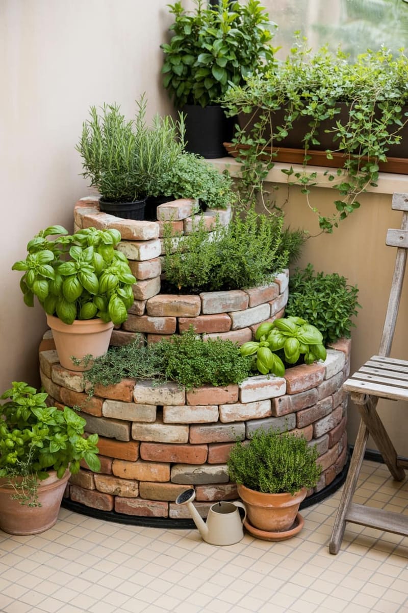25 Unique Terrace Garden Ideas to Elevate Your Outdoor Space 11 miniature herb spiral in a corner using reclaimed bricks and terracotta pots 1
