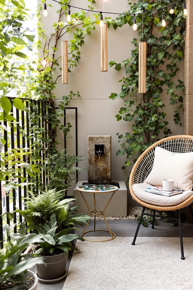 25 gemütliche kleine Balkondesign -Ideen, um Ihren Raum zu erhöhen 71 Miniaturwasserbrunnen für ruhige Balkon -Klanglandschaften 1