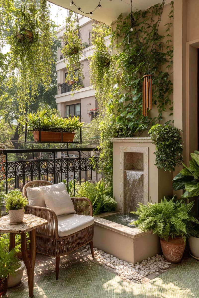 25 gemütliche kleine Balkondesign -Ideen, um Ihren Raum zu erhöhen 72 Miniaturwasserbrunnen für ruhige Balkon -Klanglandschaften 1