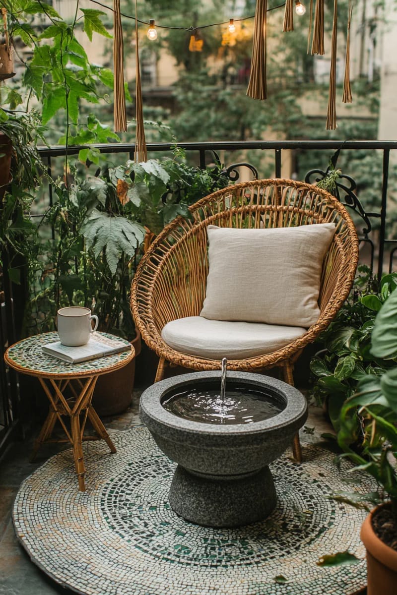 25 gemütliche kleine Balkondesign -Ideen, um Ihren Raum zu erhöhen 73 Miniaturwasserbrunnen für ruhige Balkon -Klanglandschaften 1