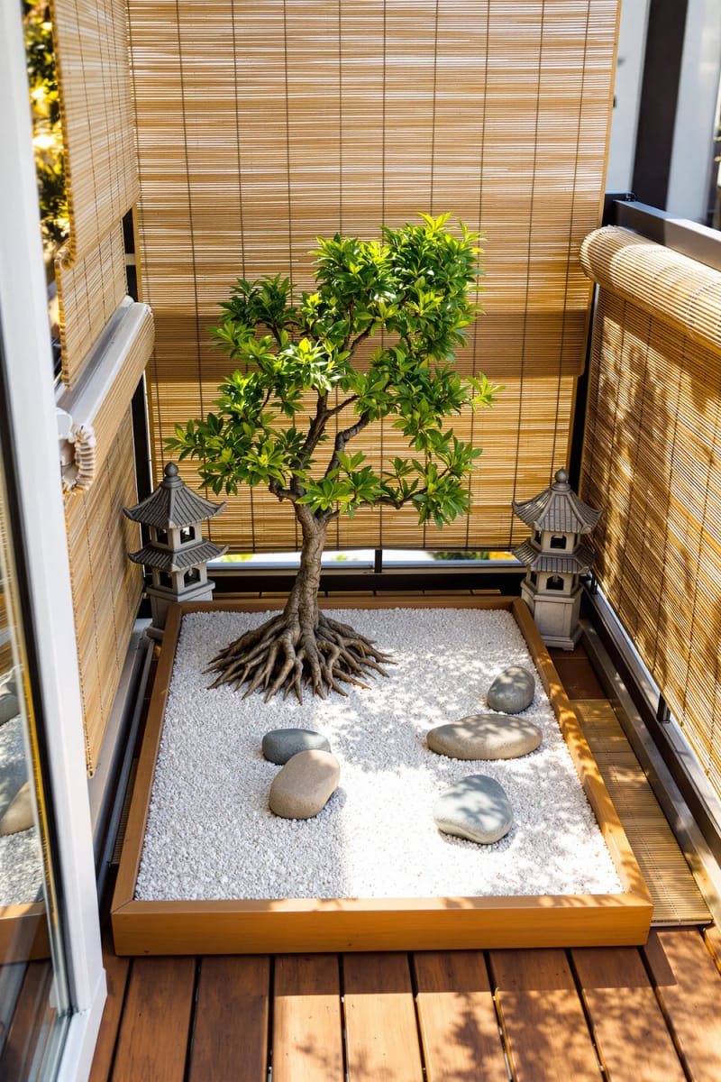 25 atemberaubende Balkondekorationsideen für moderne Räume 34 Miniatur -Zen -Felsengarten mit Bonsai und Laternen 1