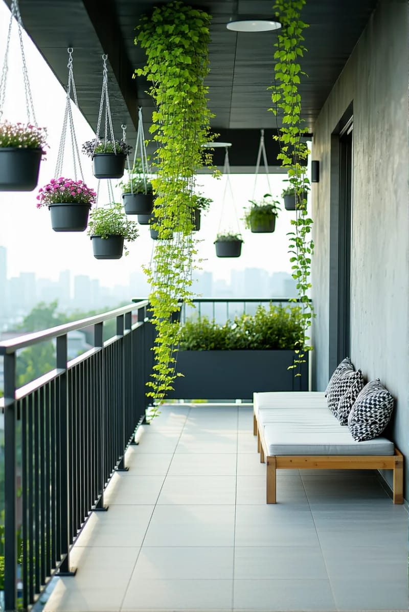 15 unique balcony with hanging plants for urban rooms 22 Minimalist balcony with monochrome hanging plant pots 1