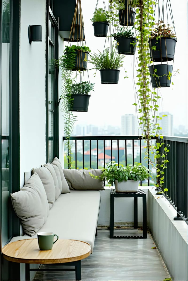 15 unique balcony with hanging plants for urban rooms 23 Minimalist balcony with monochrome hanging plant pots 1