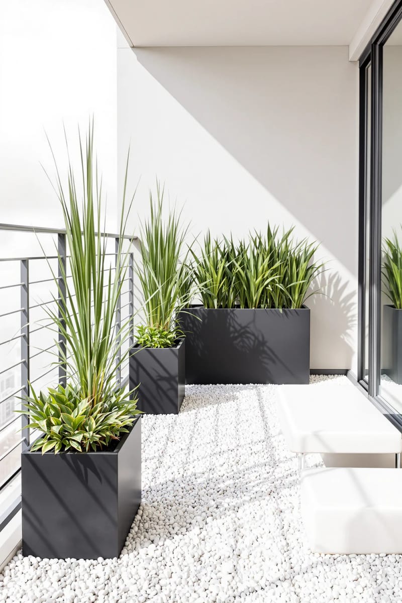 25 atemberaubende Balkondekorationsideen für moderne Räume 23 Minimalistischer Balkon mit weißen Kieselboden und schlanken Pflanzern 1