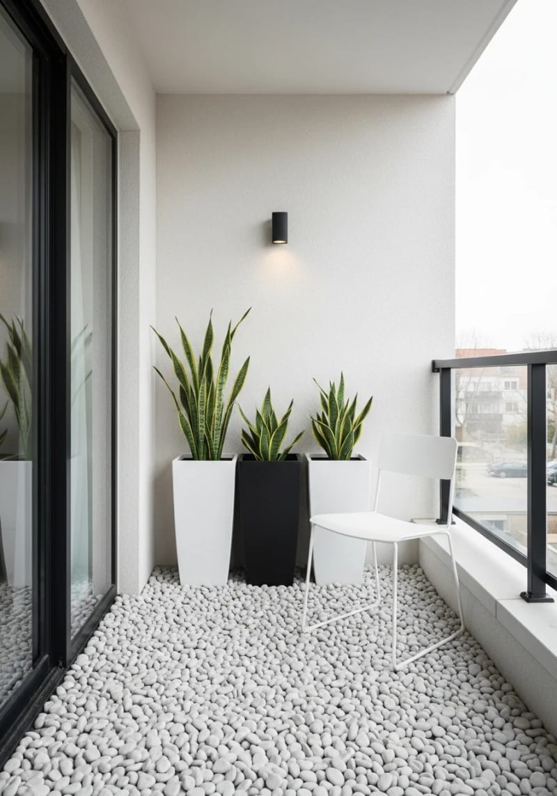 25 atemberaubende Balkondekorationsideen für moderne Räume 24 Minimalistischer Balkon mit weißen Kieselboden und schlanken Pflanzern 1
