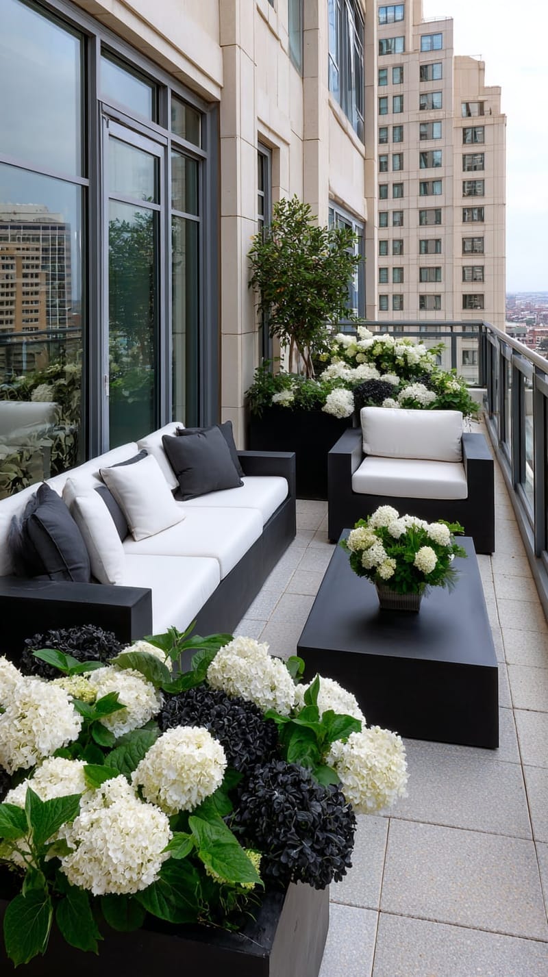 25 Unique Terrace Garden Ideas to Elevate Your Outdoor Space 40 minimalist black-and-white terrace with sculptural planters and monochrome flowers 1