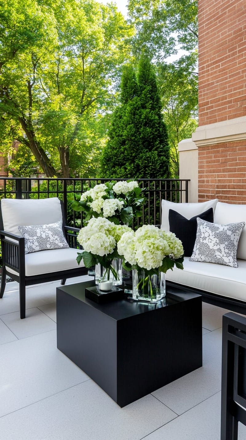 25 Unique Terrace Garden Ideas to Elevate Your Outdoor Space 41 minimalist black-and-white terrace with sculptural planters and monochrome flowers 1