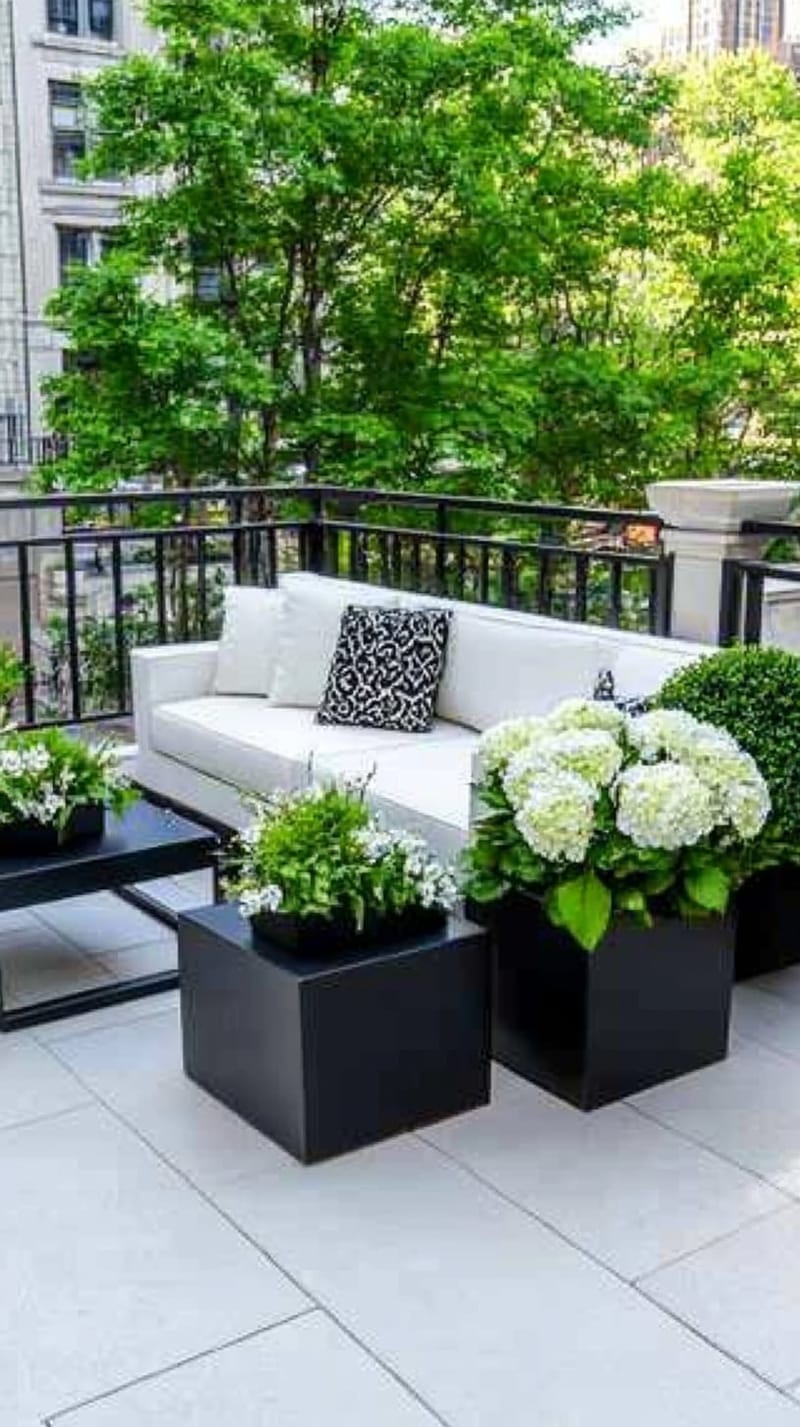 25 Unique Terrace Garden Ideas to Elevate Your Outdoor Space 42 minimalist black-and-white terrace with sculptural planters and monochrome flowers 1