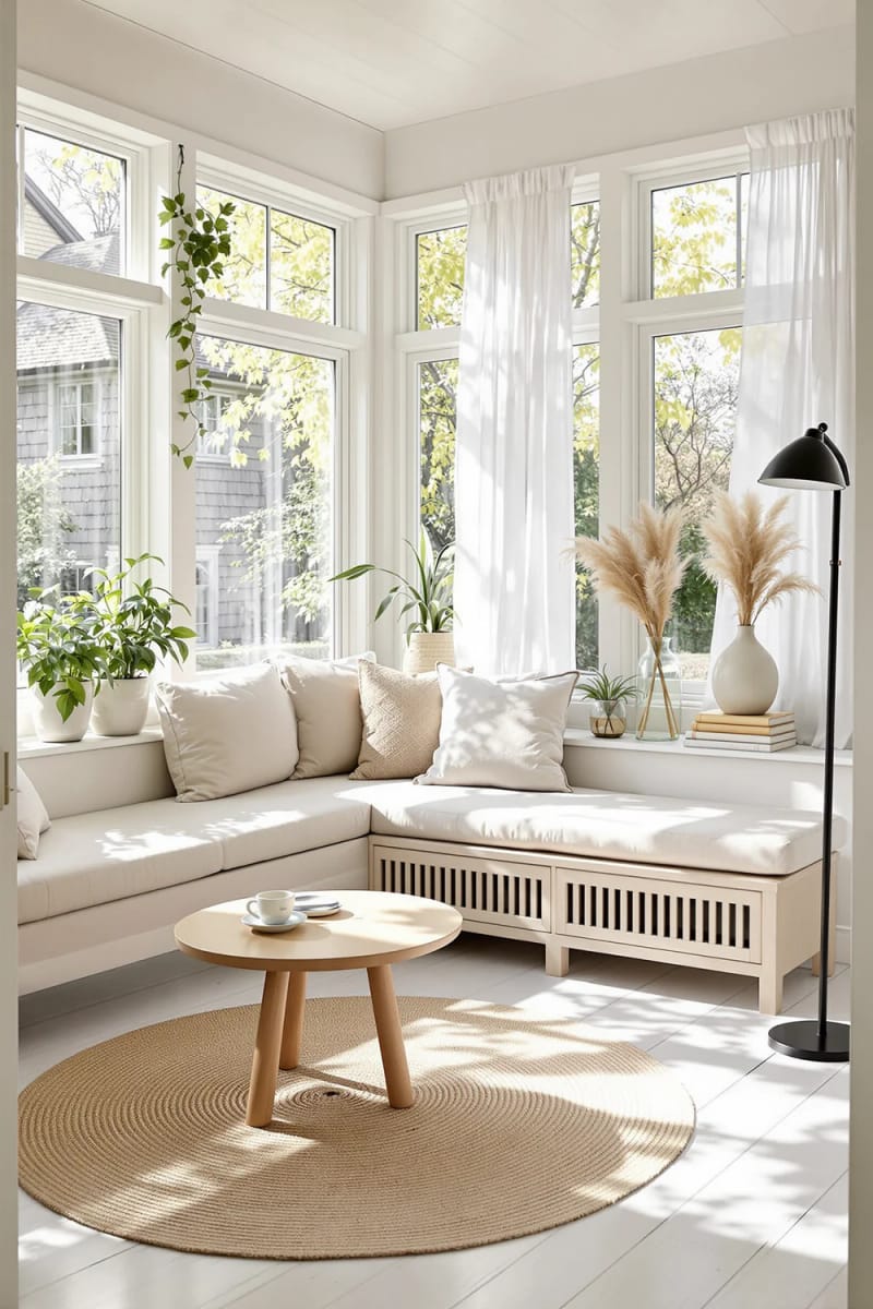 19 small conservatory ideas to open small rooms 31 Minimalist Scandinavian winter garden with light forests and soft neutral 1