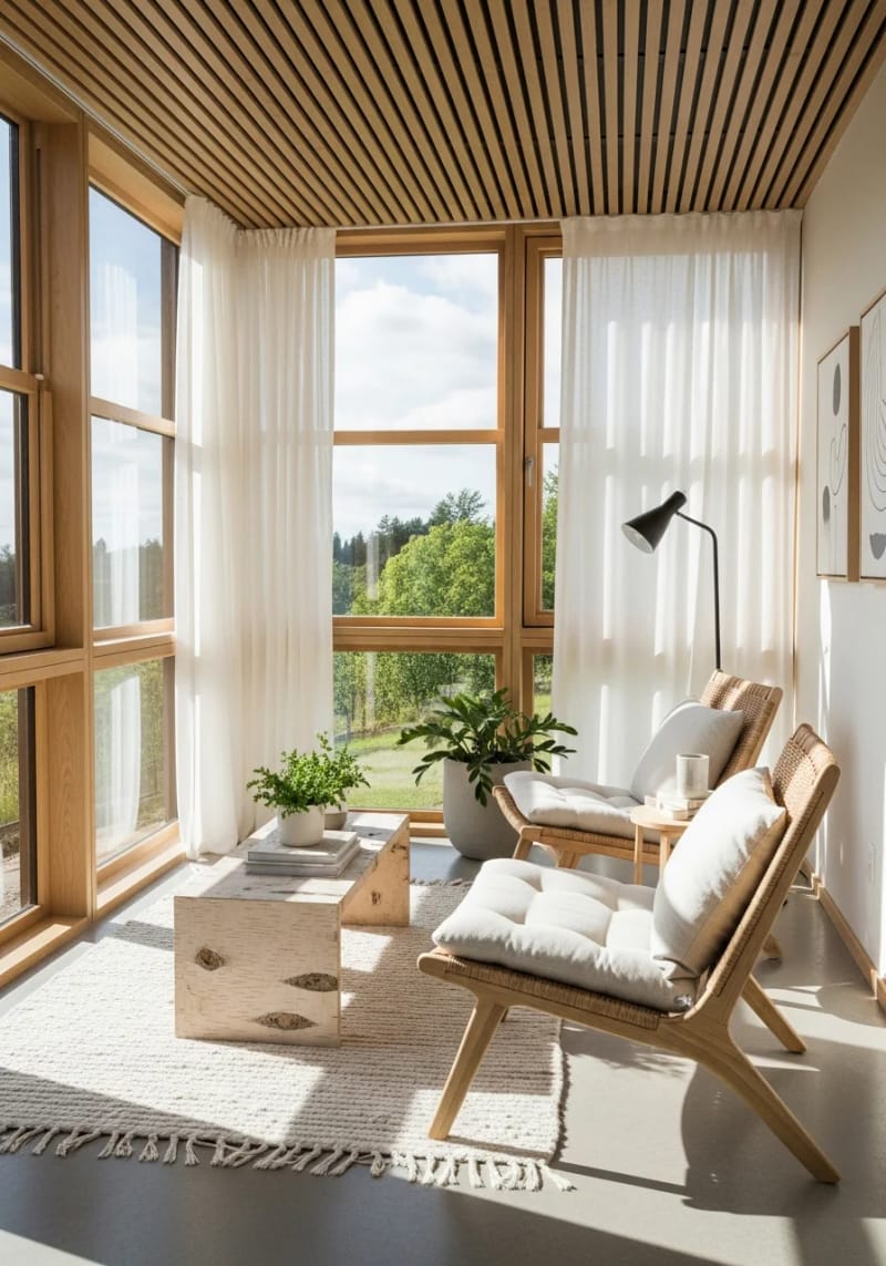 19 small conservatory ideas to illuminate small rooms 32 Minimalist Scandinavian winter garden with light forests and soft neutral 1