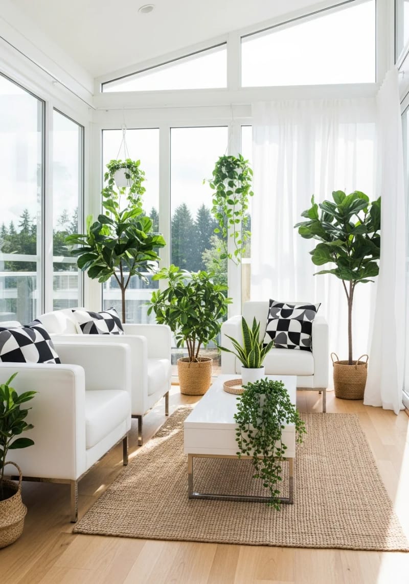15 beautiful winter garden decoration ideas to refresh your home 16 Minimalist white furniture with geometric pillows and pops of green plants 1