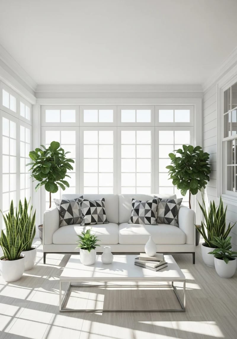 15 wonderful winter garden decoration ideas to refresh your home 18 Minimalist white furniture with geometric pillows and pops of green plants 1