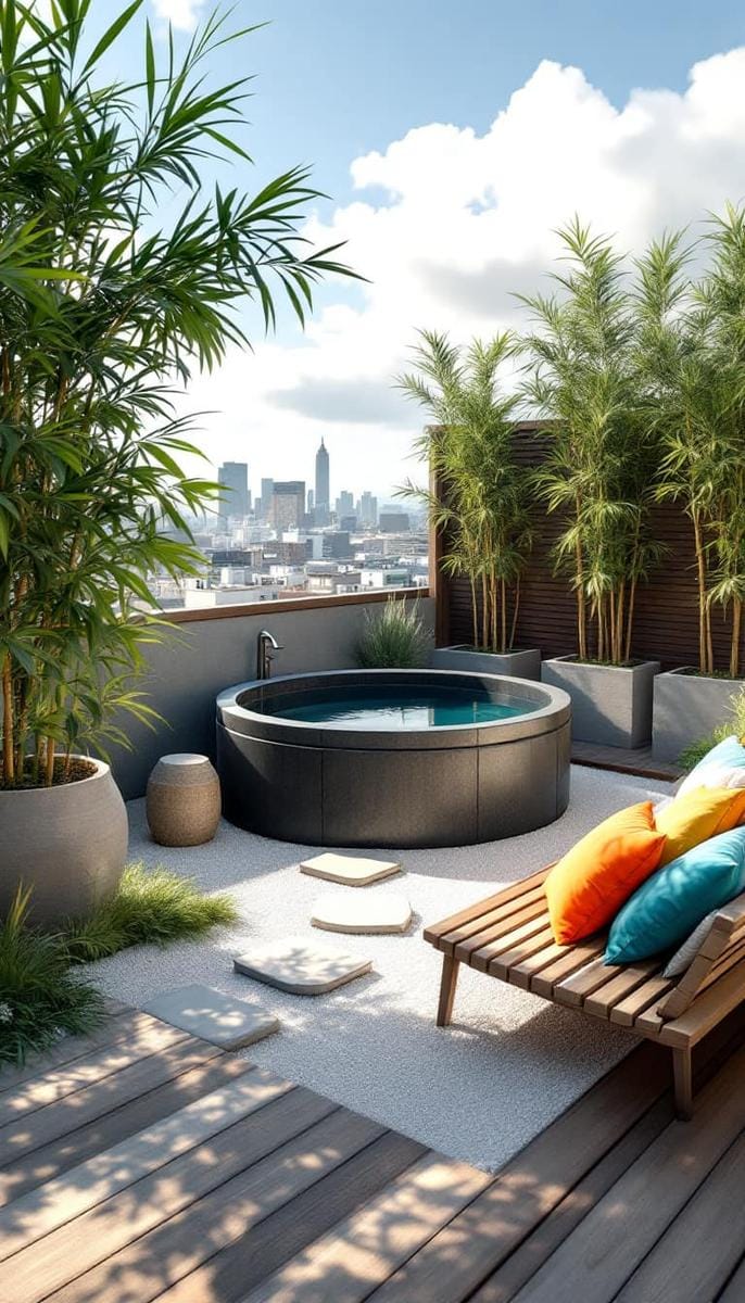 23 verträumte Dachterrasse Designs für modernes Leben im Freien 7 Minimalistischer Zen -Retreat mit Kies, Bambus und einer Einweihwanne 1