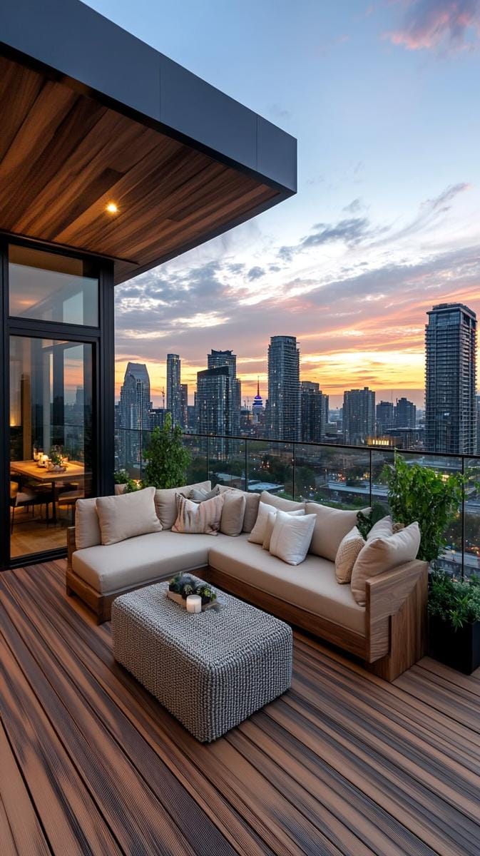 23 verträumte Dachterrasse Designs für modernes Outdoor -Leben 58 Modernes Deck mit Glasbalustraden und Panorama -Stadtansicht 1