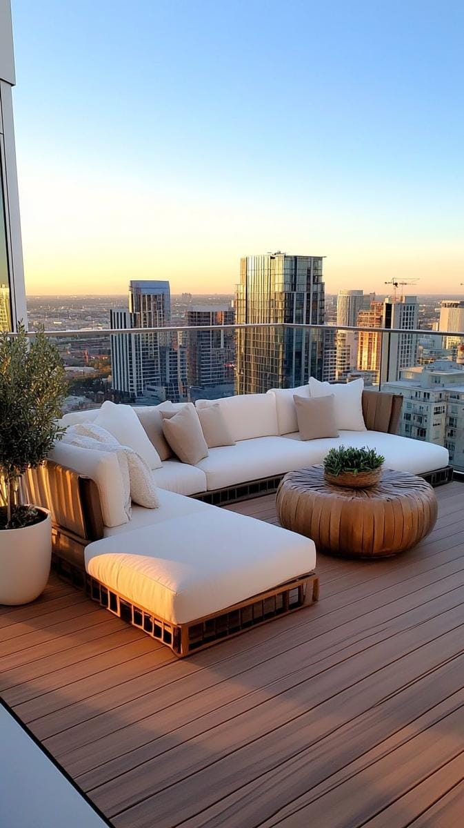 23 verträumte Dachterrasse Designs für modernes Outdoor -Leben 59 Modernes Deck mit Glasbalustraden und Panorama -Stadtansicht 1